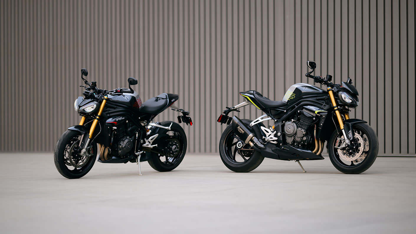 Two Triumph Speed Triple 1200 RS static parked shot